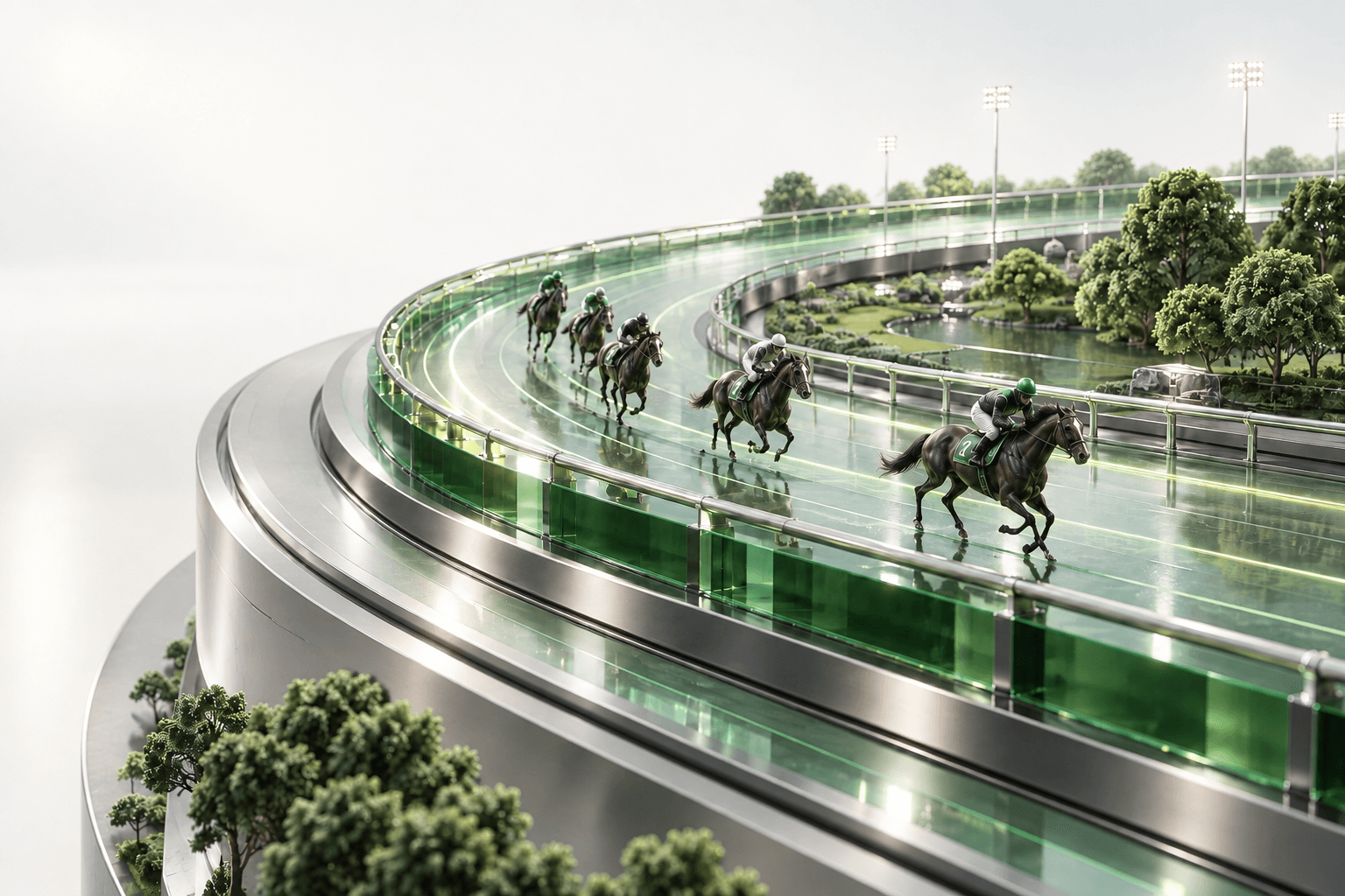 The same sculptural emerald racetrack in bright daylight, with horses reflected in green glass