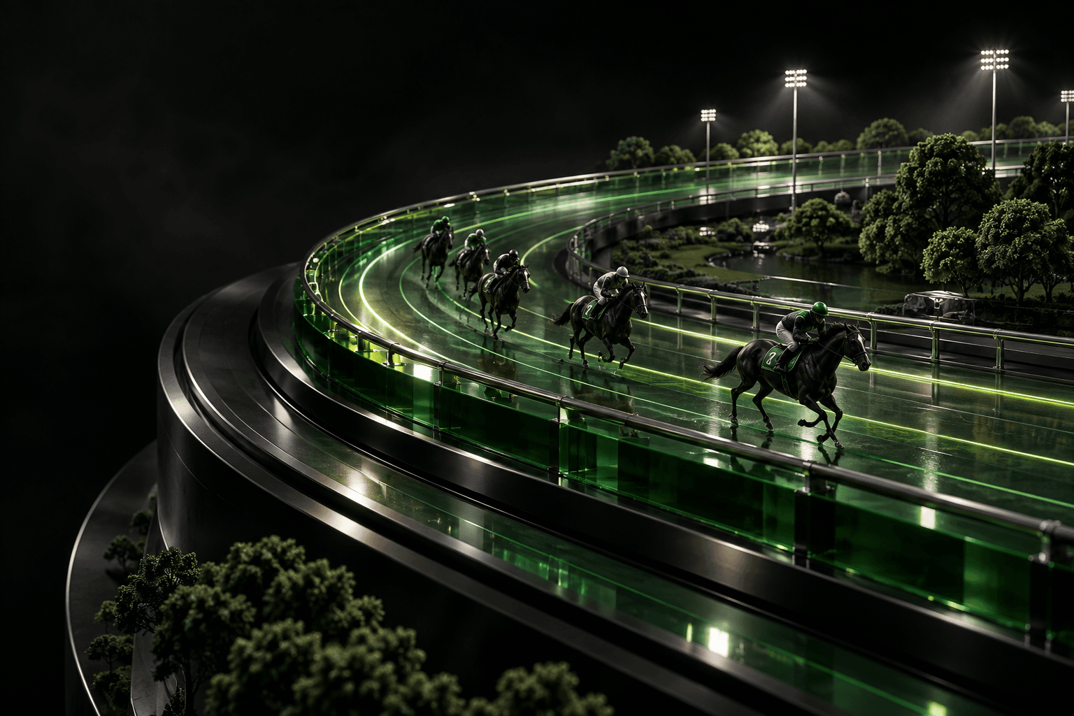 A sculptural emerald glass racetrack with miniature horses racing under stadium lights